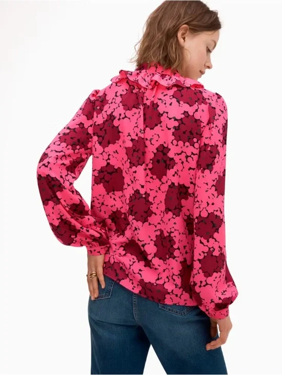 kate spade Pink Floral Tie-Neck Blouse with Dark Blue Wide-Leg Jeans - Picture 3 of 10